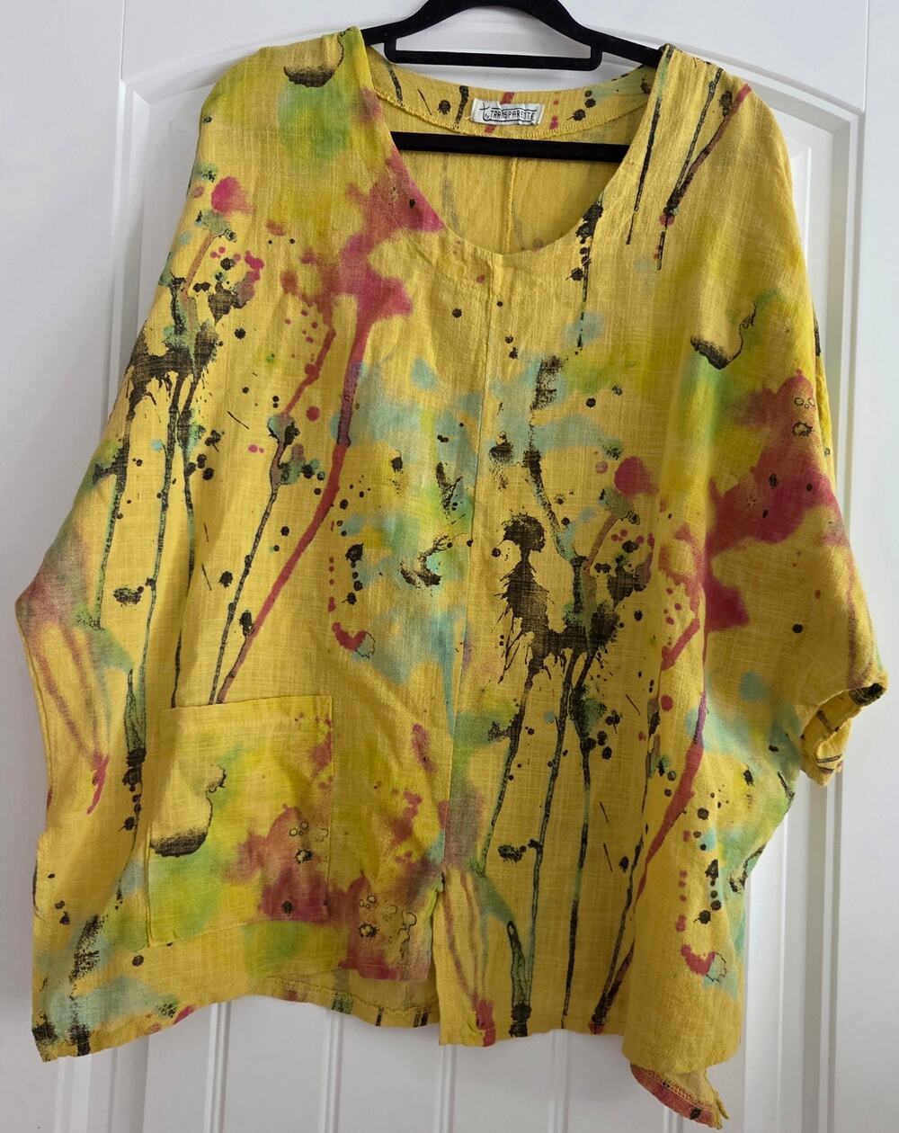 T by Transparente Italy Yellow Linen Cotton Paint Splatter Lagenlook Tunic OS
